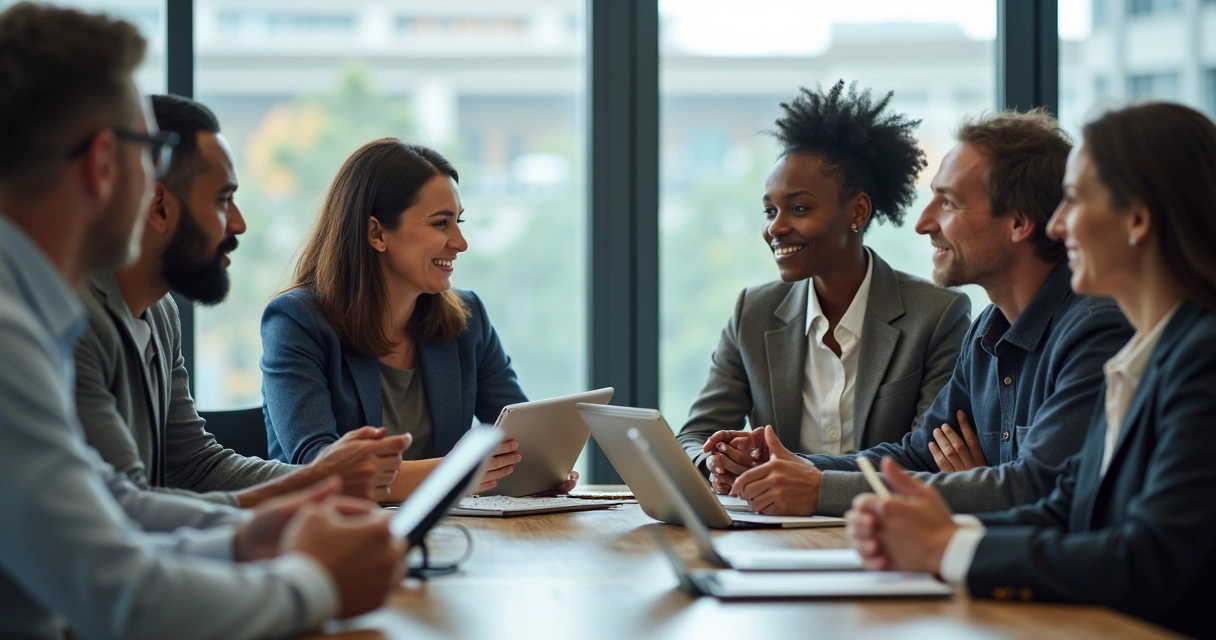 Grupo de pessoas de diferentes origens em reunião de liderança