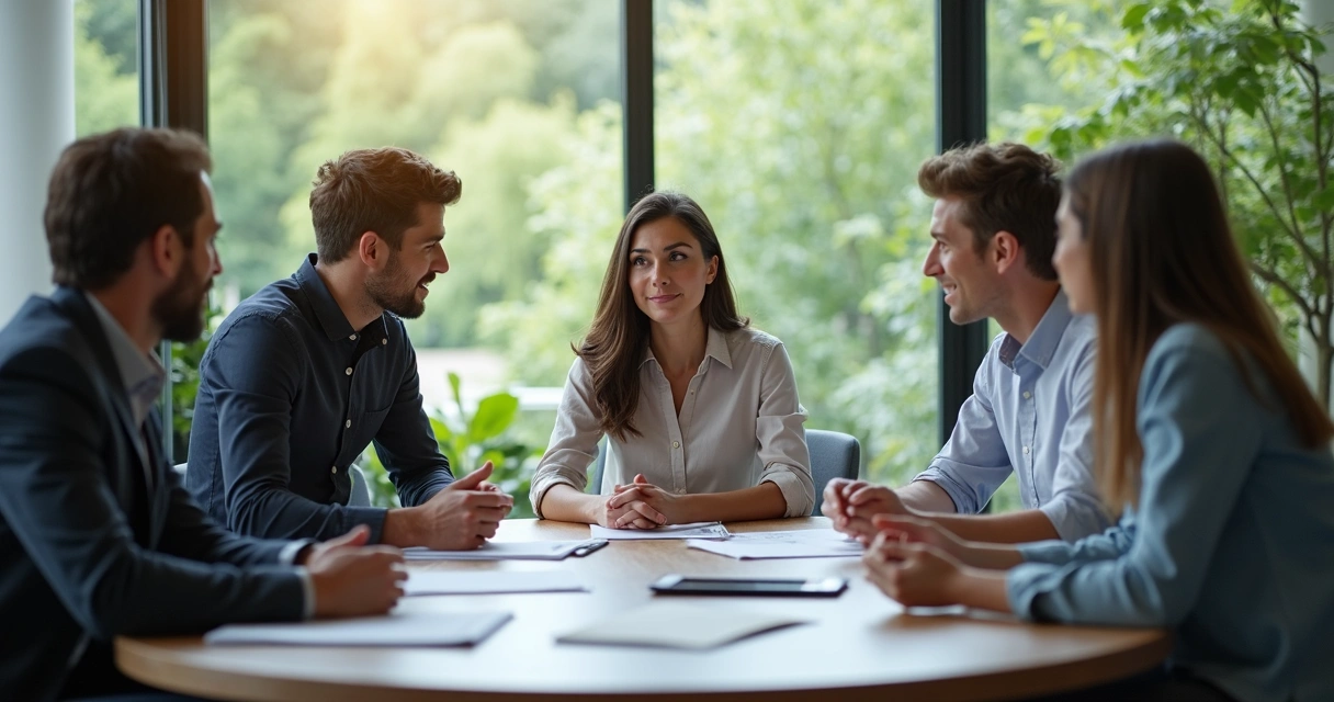 Líder conduzindo reunião com grupo diverso em mesa redonda 