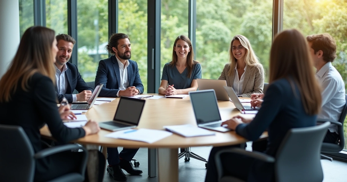 Reunião de pessoas diversas em mesa de discussão ampla 