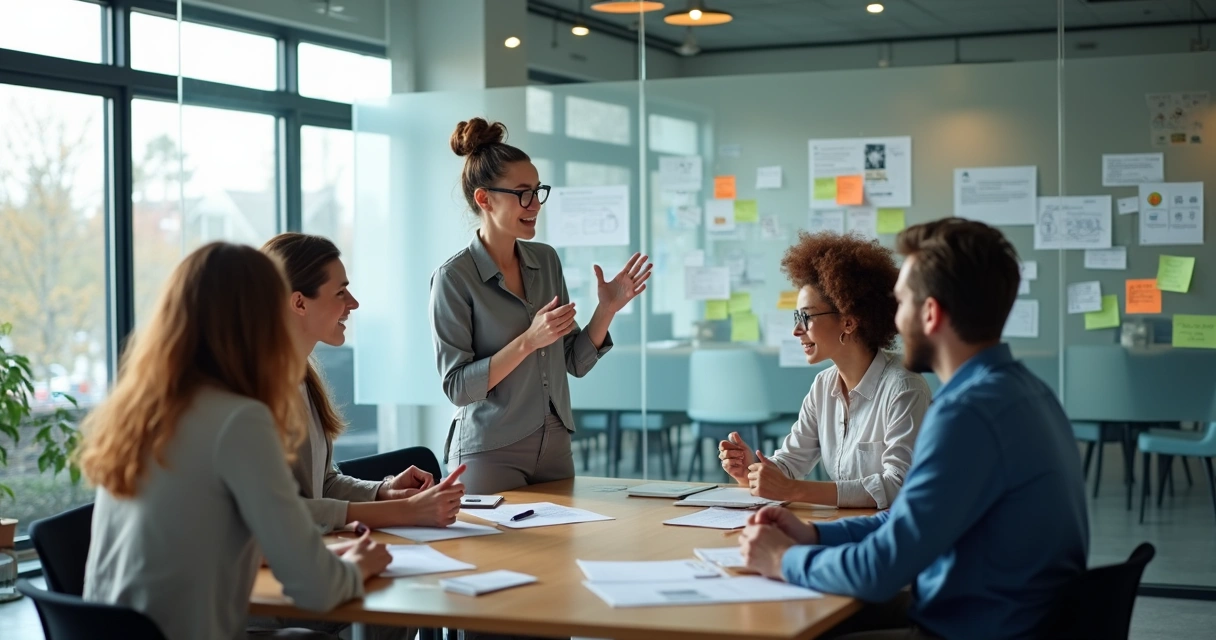 Equipe diversificada em uma sala de reunião, discutindo projetos com uma líder feminina ao centro. 