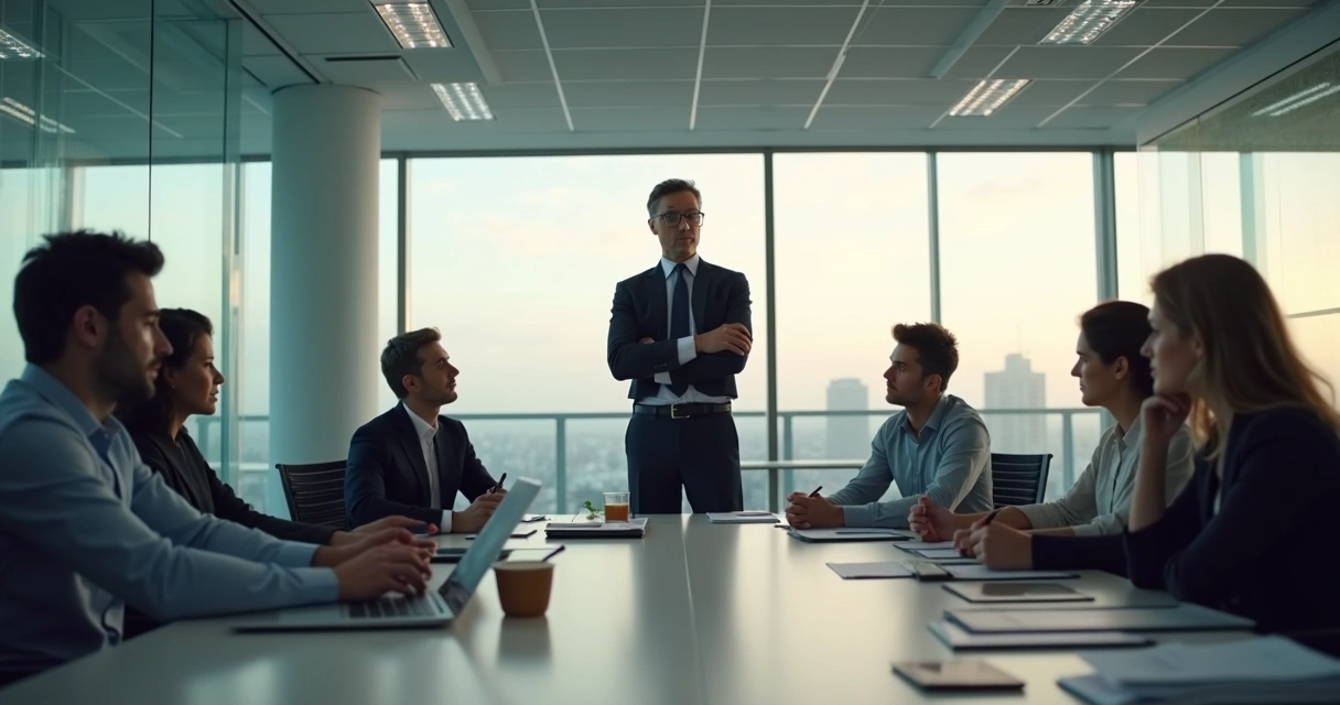 Líder observando equipe em escritório com clima tenso e acolhedor em contraste 