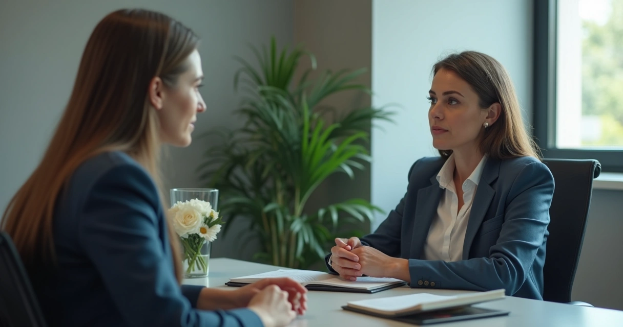 Líder conversando com colaborador em ambiente profissional reservado 