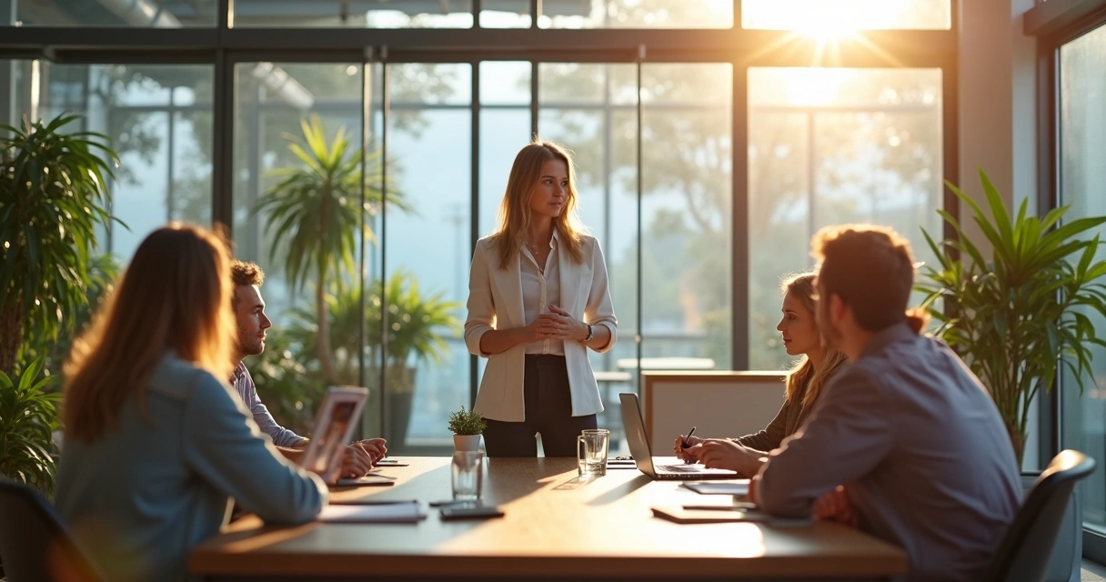 Liderança conversando com equipe em ambiente de trabalho saudável