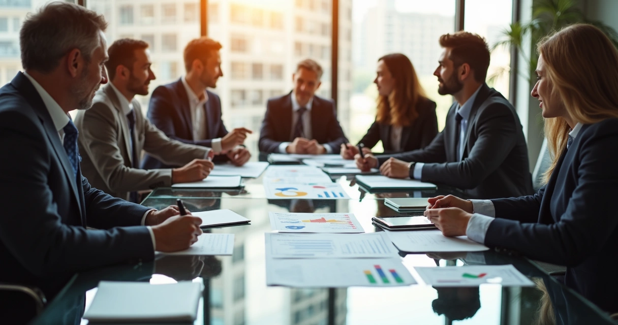 Conselho de administração reunido discutindo orçamento e valores