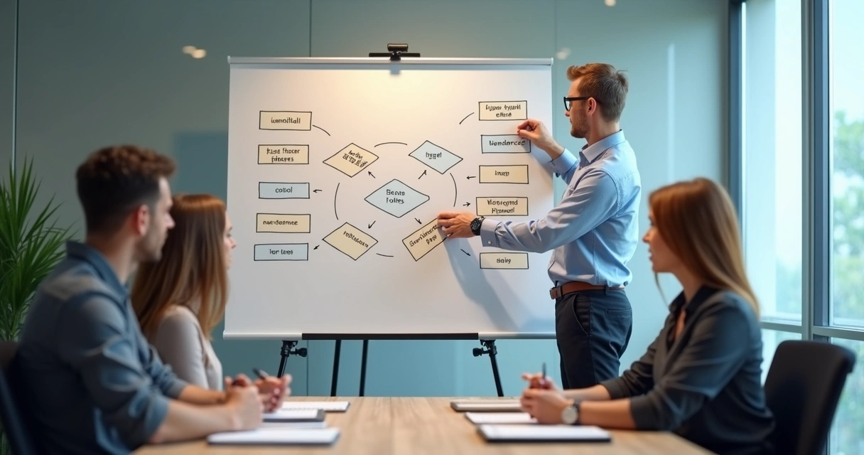 Liderança alinhando posições de equipe em painel visual 