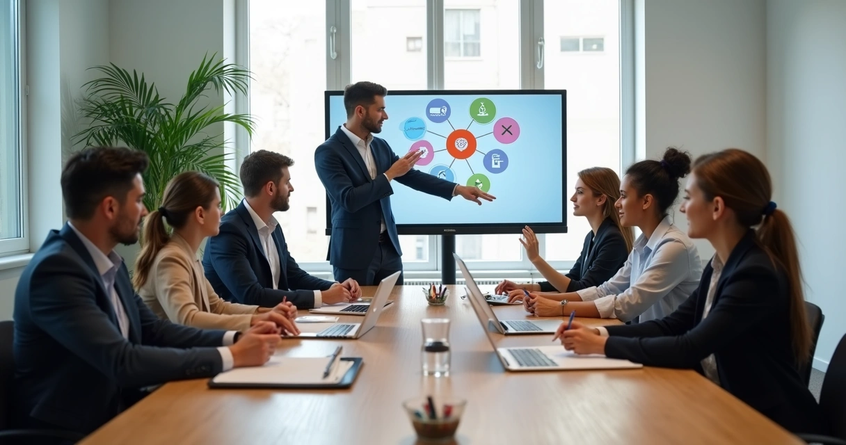 Líder em reunião com equipe discutindo educação emocional no trabalho 