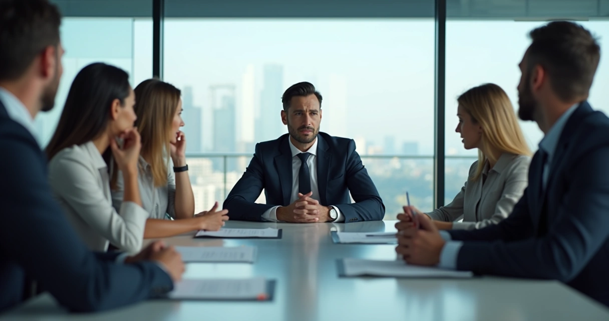 Líder sentado à mesa de reunião, com postura confiante, enquanto equipe demonstra desconforto e tensão ao redor, em ambiente corporativo moderno 