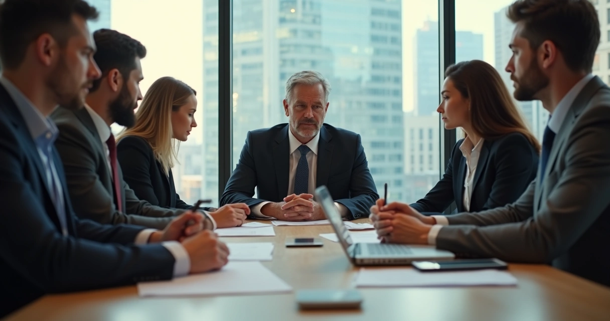 Grupo fazendo reunião tensa na empresa para tomada de decisão 