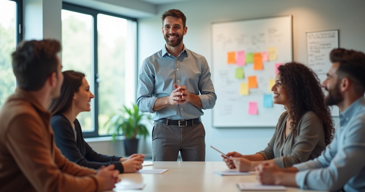 Líder guiando equipe em reunião com clima acolhedor 