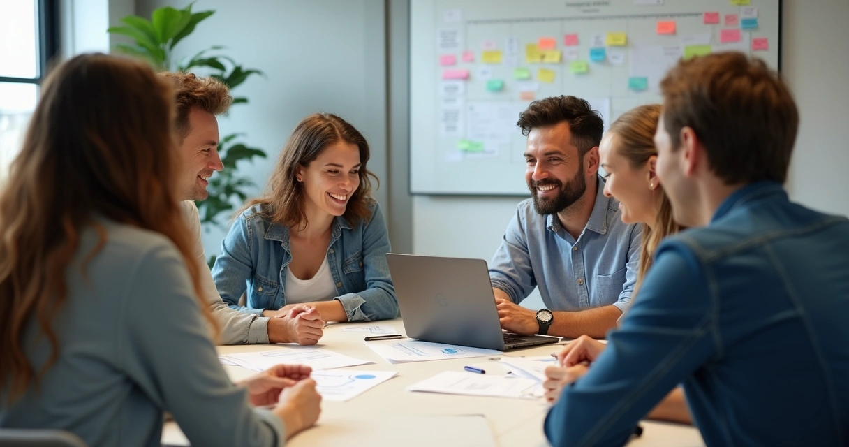 Grupo de pessoas diversas em reunião colaborativa, conectadas e sorrindo, quadro com ideias ao fundo 