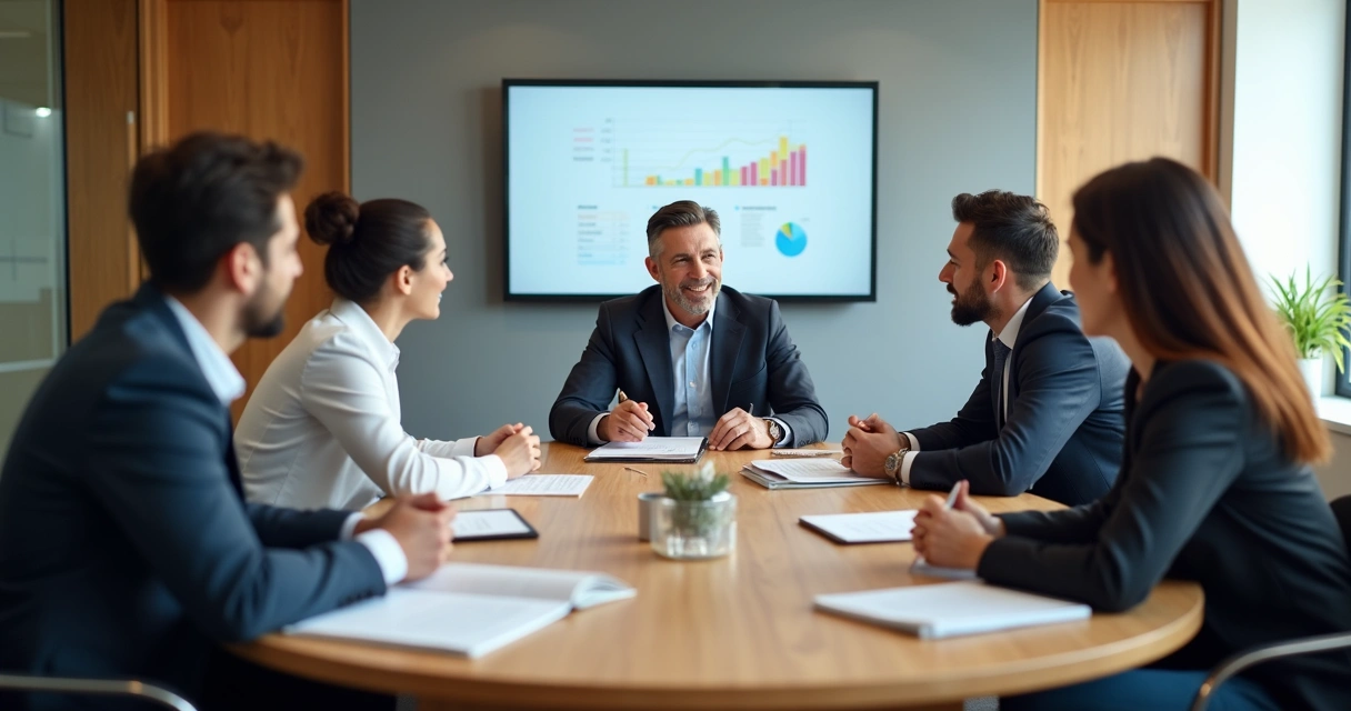 Liderança e equipe em reunião estratégica