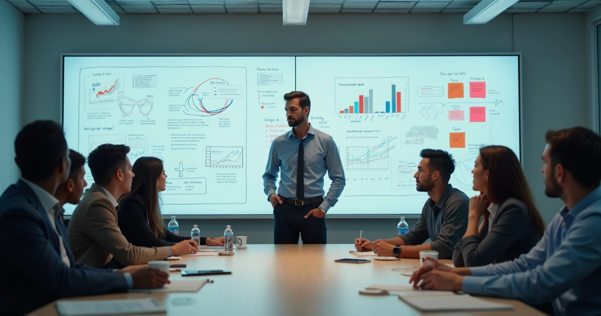 Líder com equipe em sala de crise, quadros com gráficos, expressões sérias e focadas 