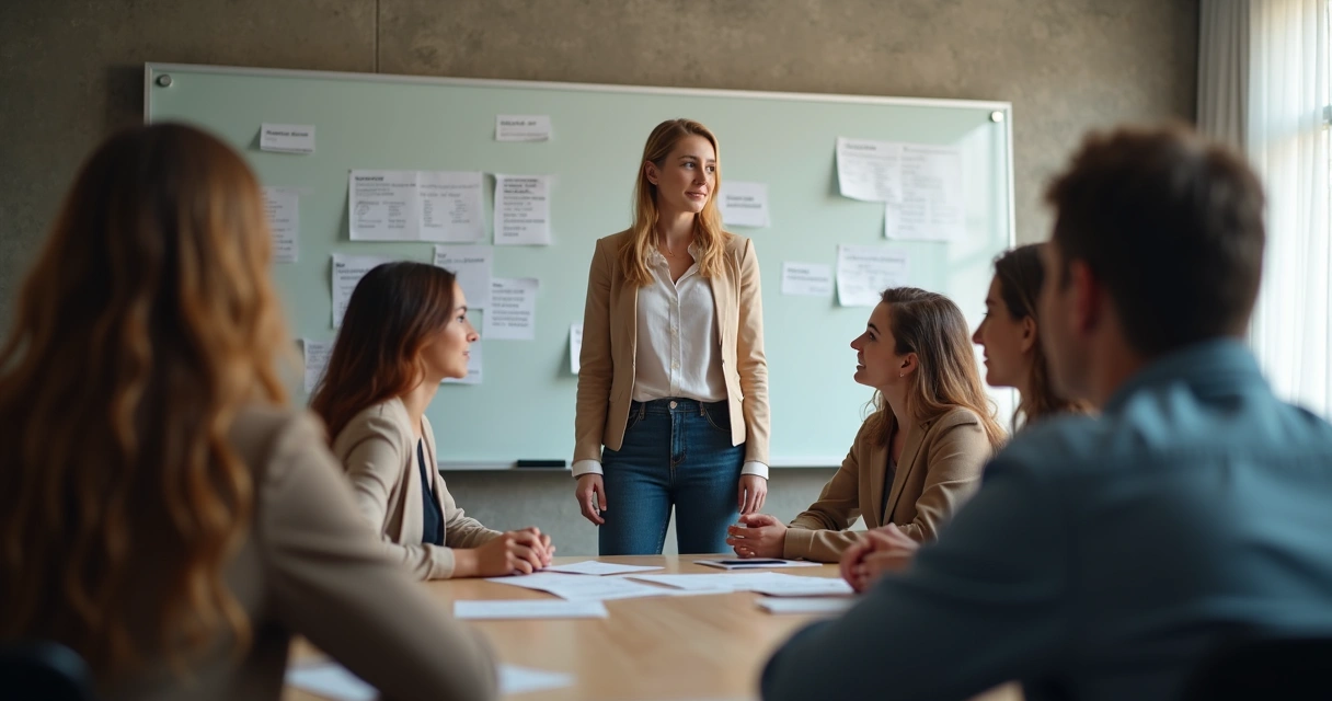 Líder mulher orienta equipe com empatia 