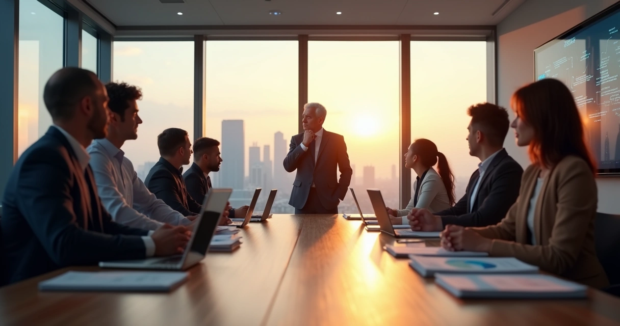 Líder em reunião refletindo antes de tomar decisão estratégica 