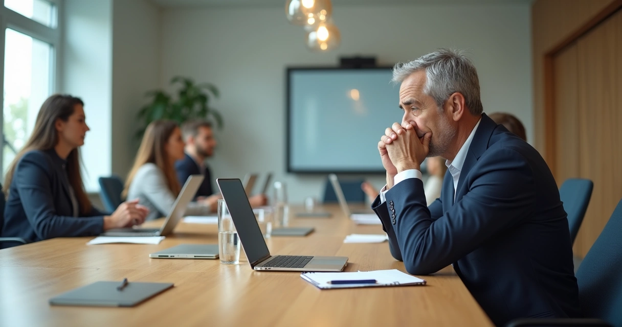 Líder sentado à mesa refletindo diante de equipe desfocada ao fundo 