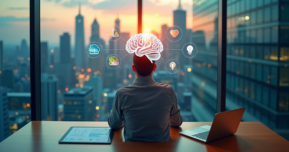 Executivo analisa gráficos estratégicos com sobreposição de cérebro e ícones de emoções 