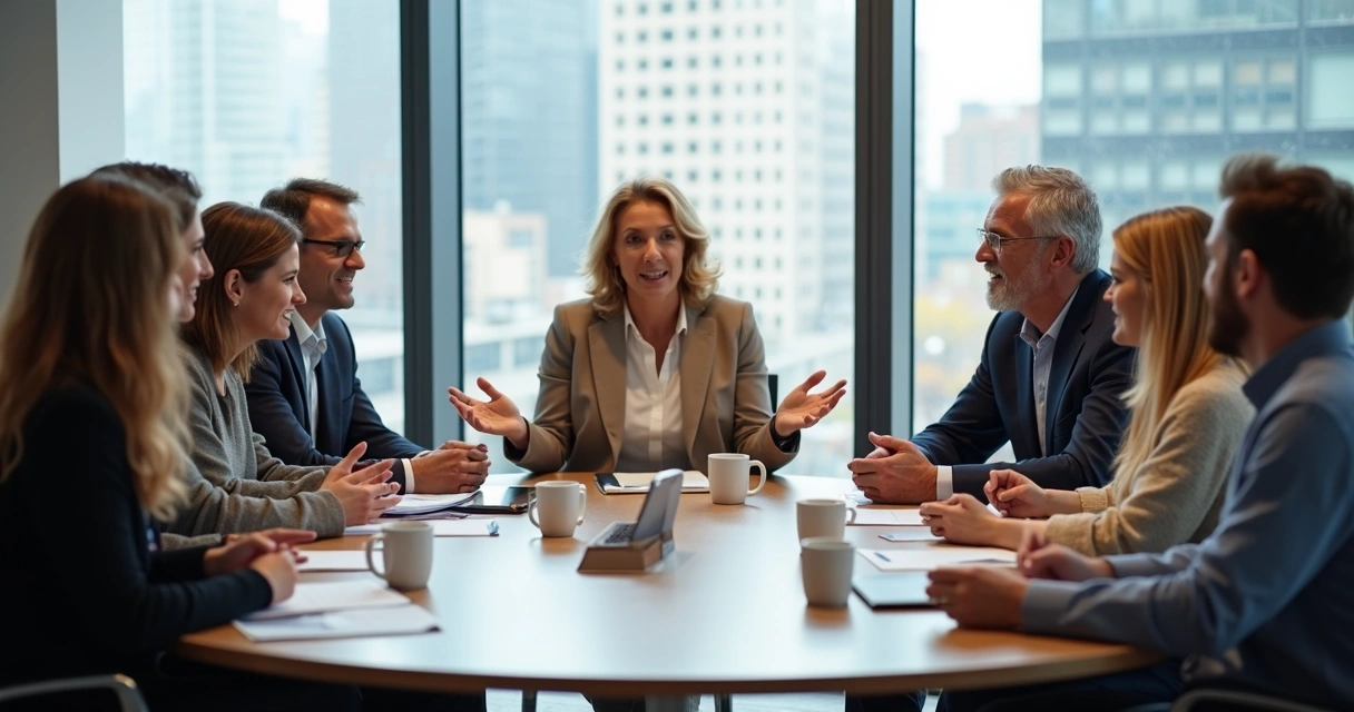 Liderança conduzindo equipe diversificada, todos sentados ao redor de mesa redonda com expressões de atenção e confiança 