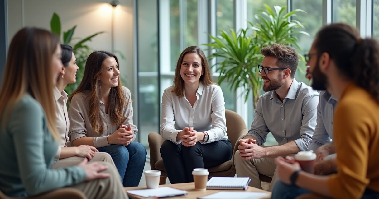Líder reunido com equipe em roda, trocando ideias em ambiente moderno 