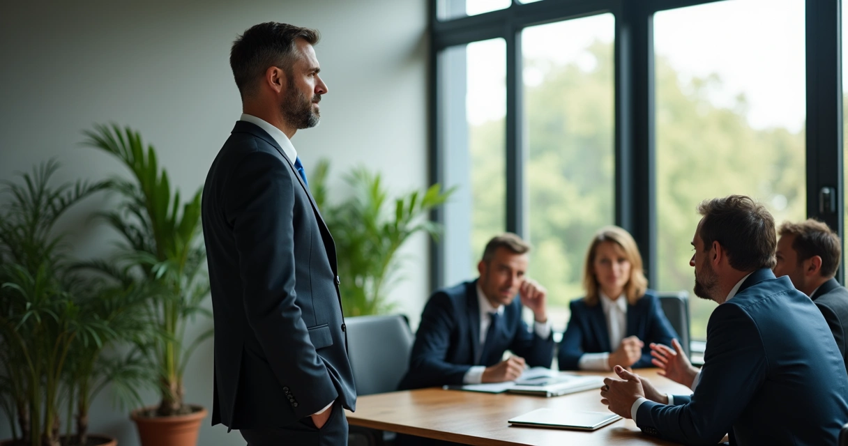 Gestor de equipe olhando para o horizonte enquanto membros da equipe discutem 