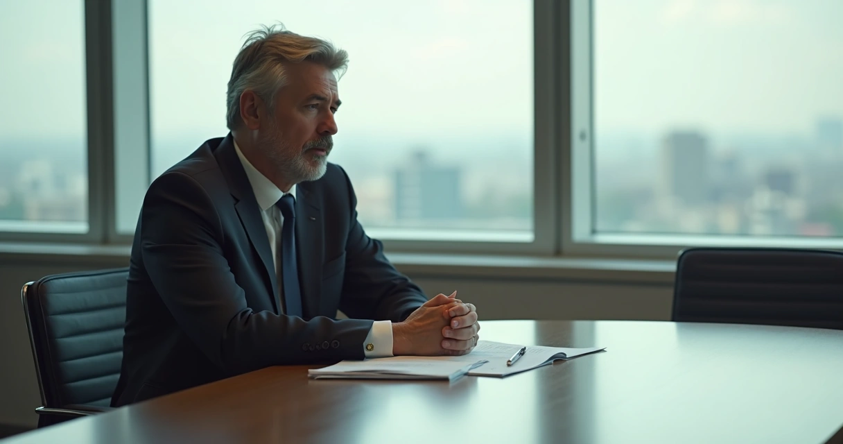Líder sentado sozinho refletindo em uma sala de reuniões, luz natural entrando pela janela