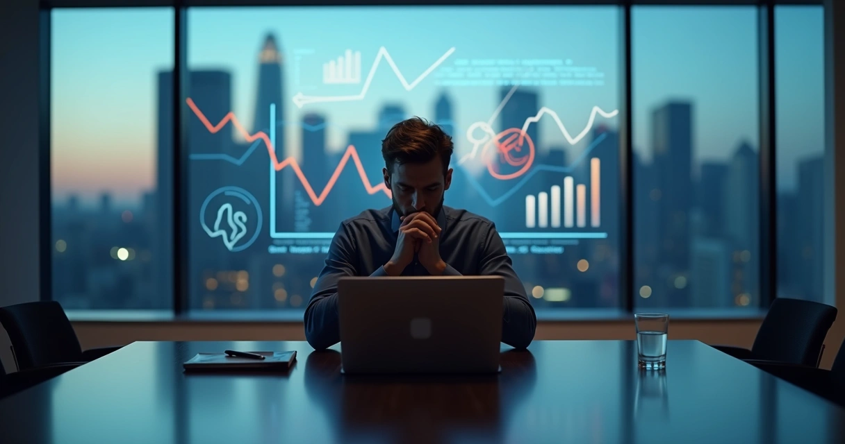 Líder sentado refletindo em sala de reunião com gráficos em queda ao fundo 