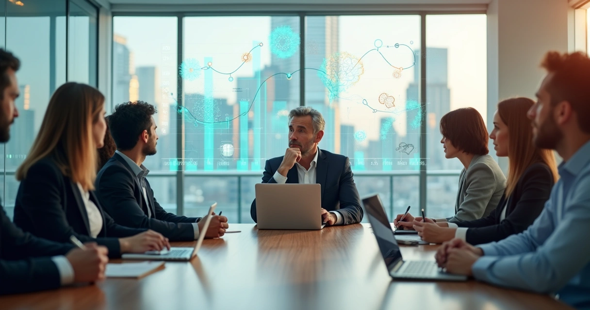Líder empresarial em reunião com equipe com gráficos ao fundo conectando emoções e decisões 