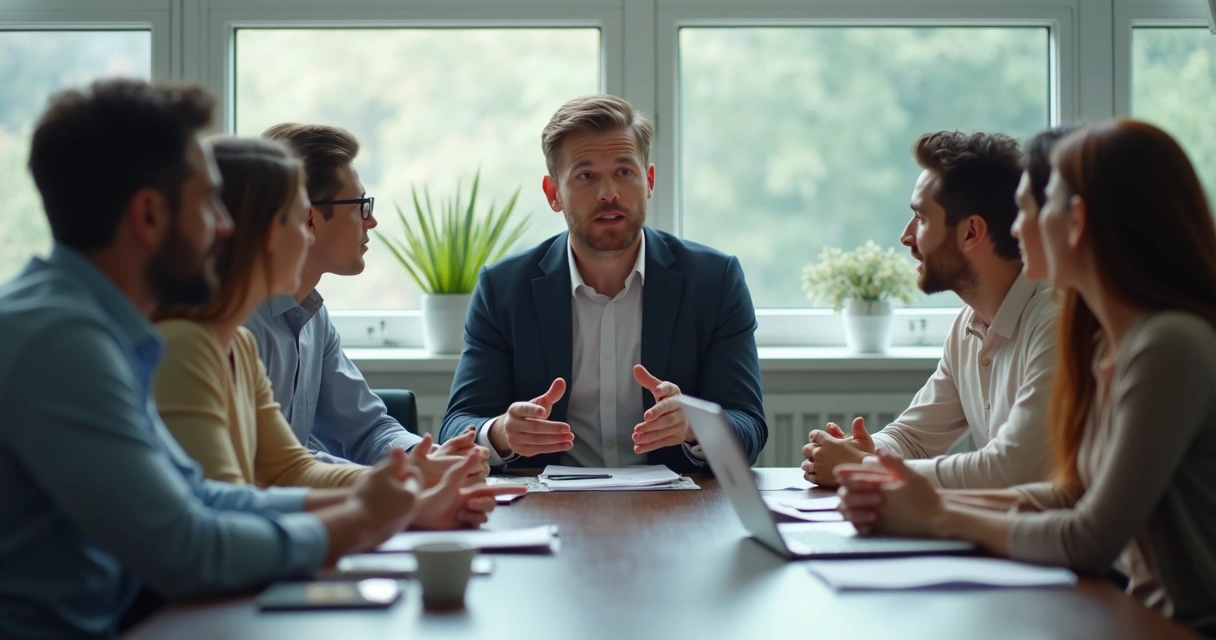 Reunião em empresa com líder ao centro gesticulando, equipe atenta, ambiente iluminado 