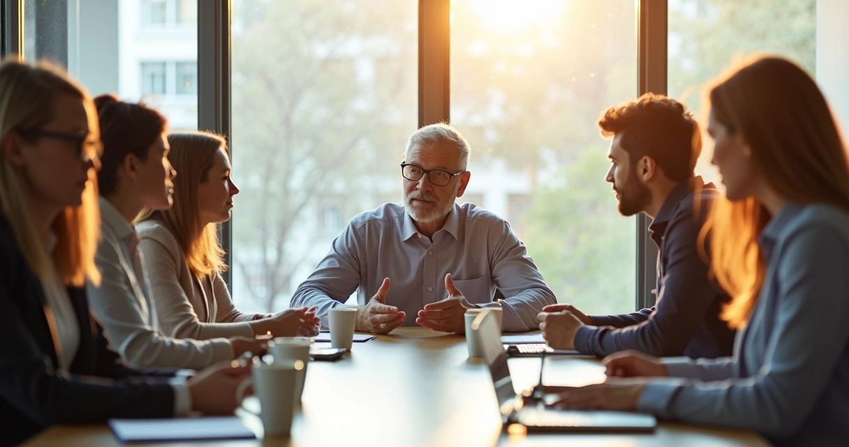 Líder em reunião com equipe em ambiente corporativo moderno