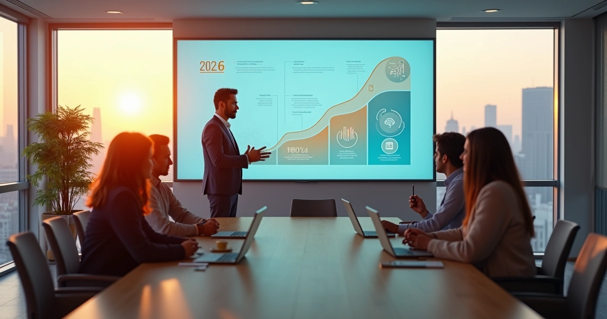 Líder orientando equipe em reunião com gráficos de metas em 2026 ao fundo 