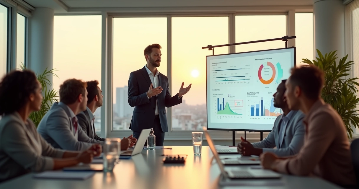 Líder apresentando dados emocionais para equipe diversa em escritório moderno 