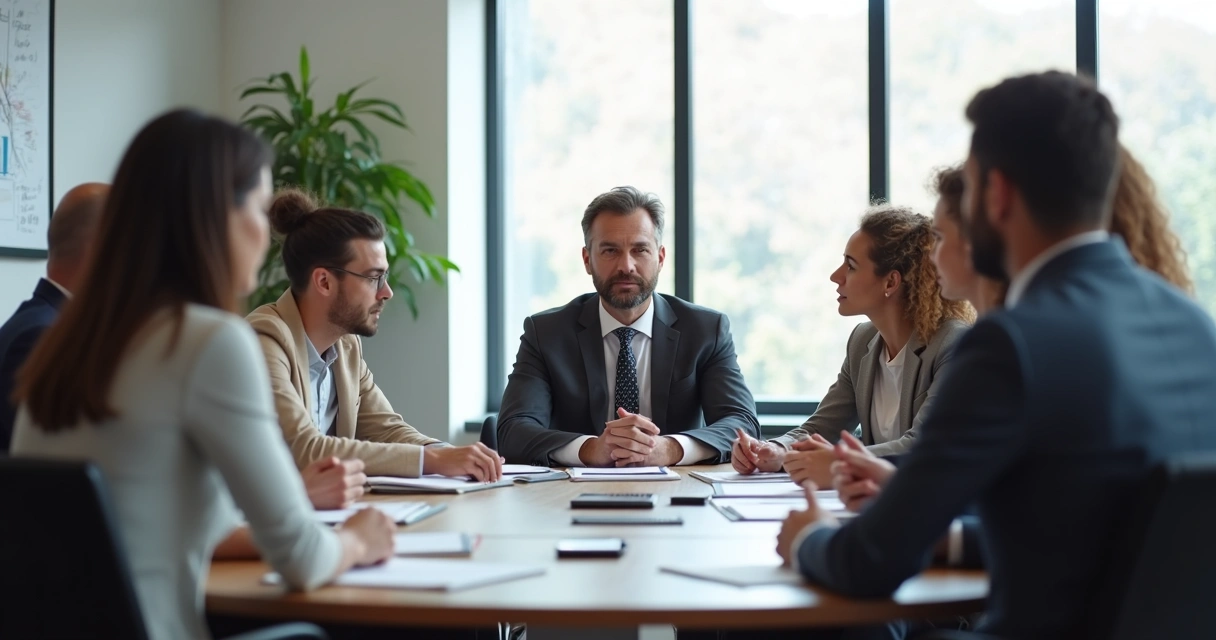 Líder sentado à mesa com equipe, rostos atenciosos, ambiente iluminado e moderno 