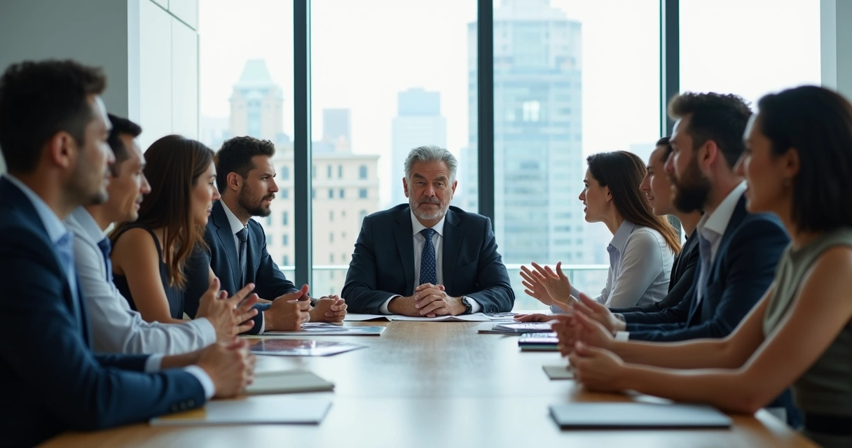 Líder reunido com equipe em sala de reunião moderna, todos atentos e alguns demonstrando emoção nas expressões faciais. 