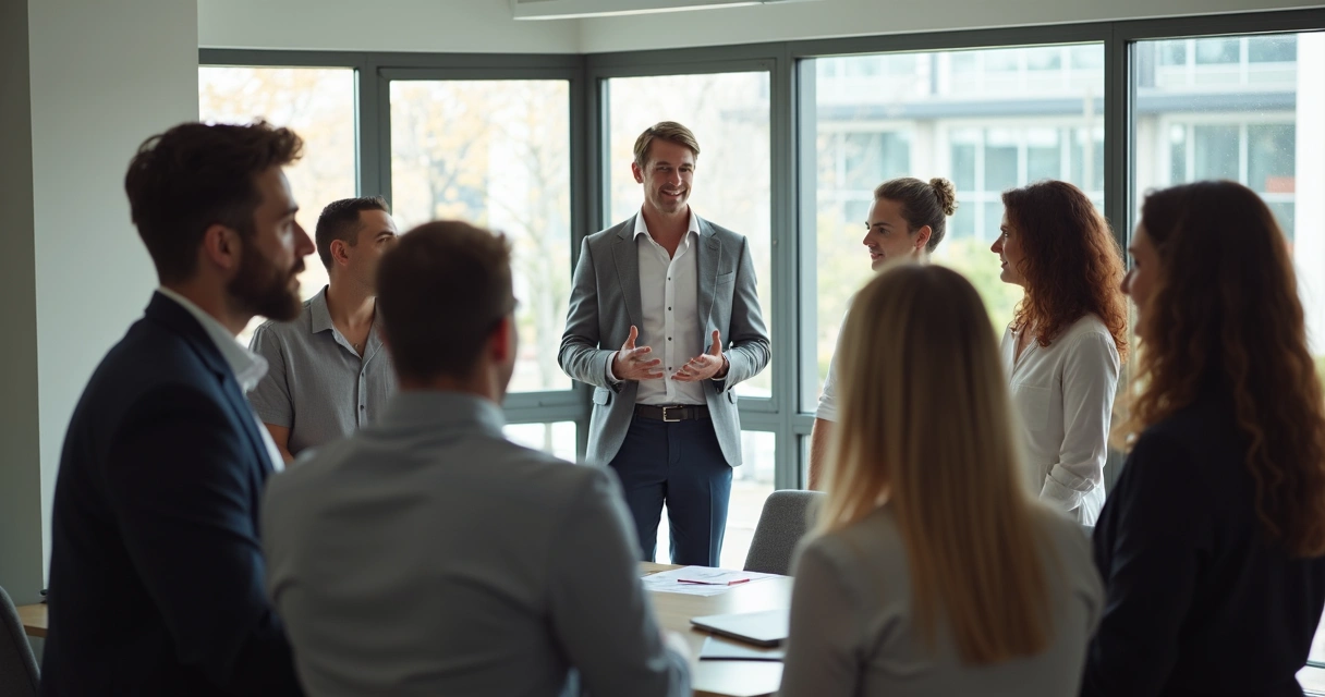 Equipe de trabalho reunida em círculo com líder no centro guiando conversa, expressões calmas e engajadas 
