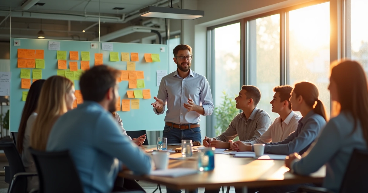 Líder orientando grupo em sala de reunião