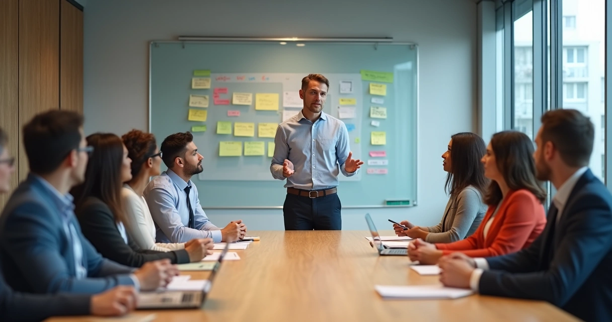Líder em reunião com equipe engajada em ambiente de trabalho moderno 