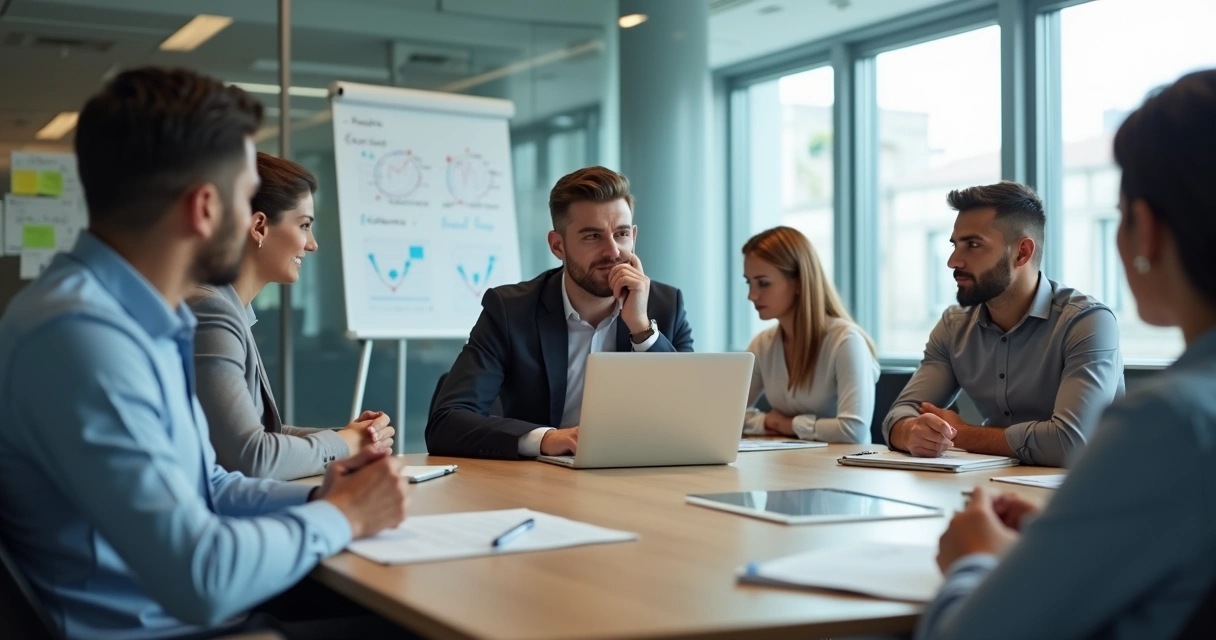 Líder em reunião refletindo sobre gestão emocional com equipe em escritório moderno 