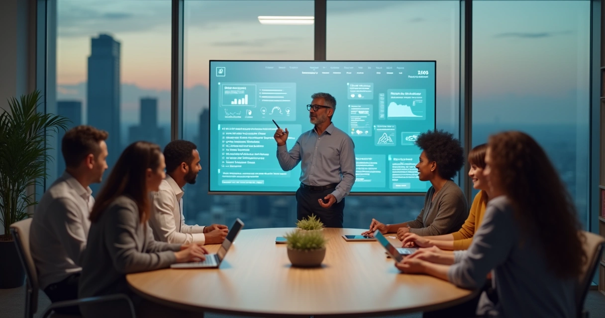 Líder conduzindo reunião com equipe diversa em ambiente moderno focado em inteligência emocional 
