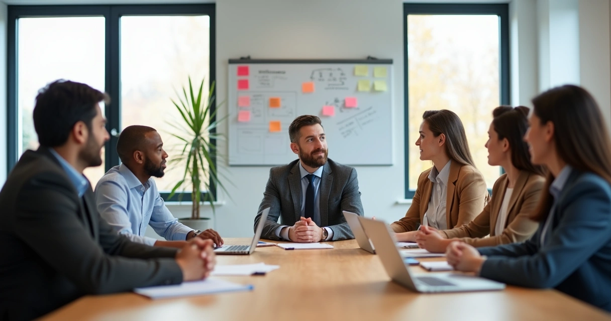 Líder em reunião guiando equipe com postura calma e empática 