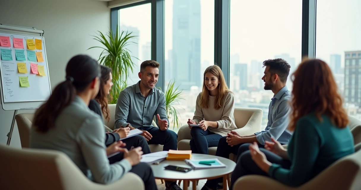Líder facilitando conversa com equipe em círculo em escritório moderno 
