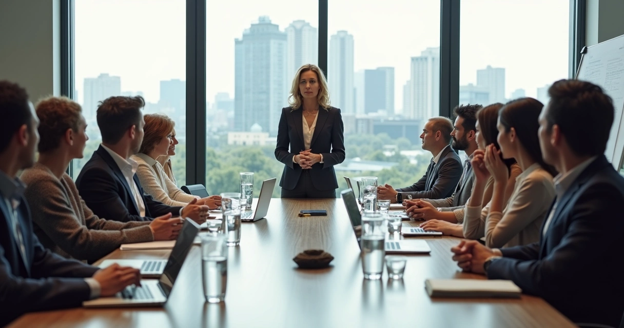 Reunião de negócios com líder guiando um time atento 
