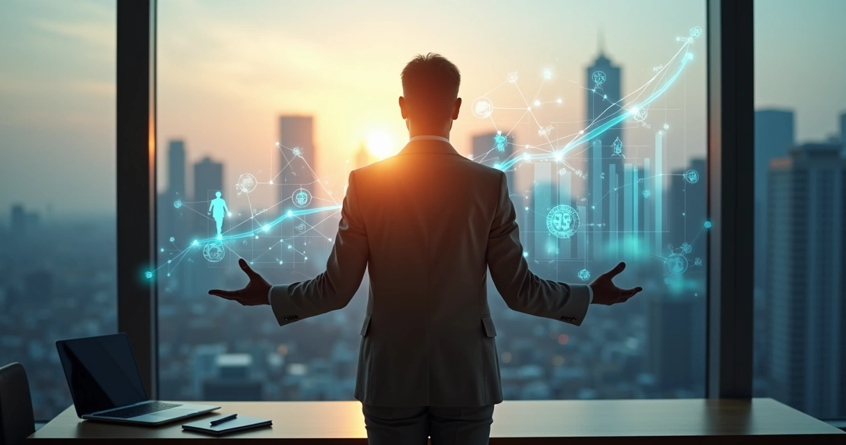 Executivo observando cidade com gráficos financeiros e silhuetas de pessoas conectadas 