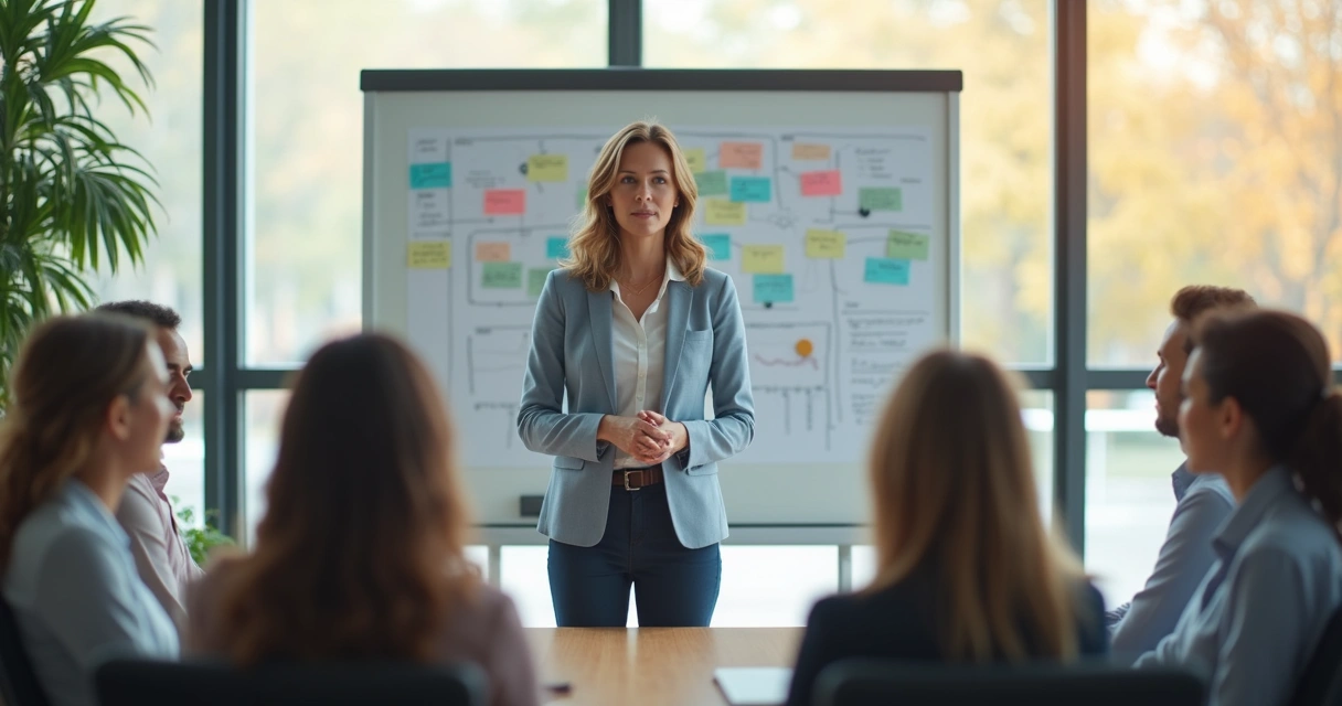 Mulher liderando equipe com postura confiante e calma, todos ao redor atentos
