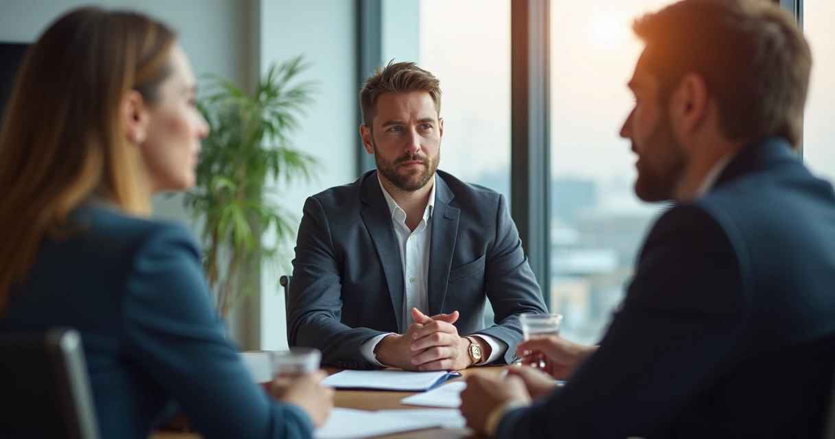 Equipes e líder em reunião, expressão de reflexão 