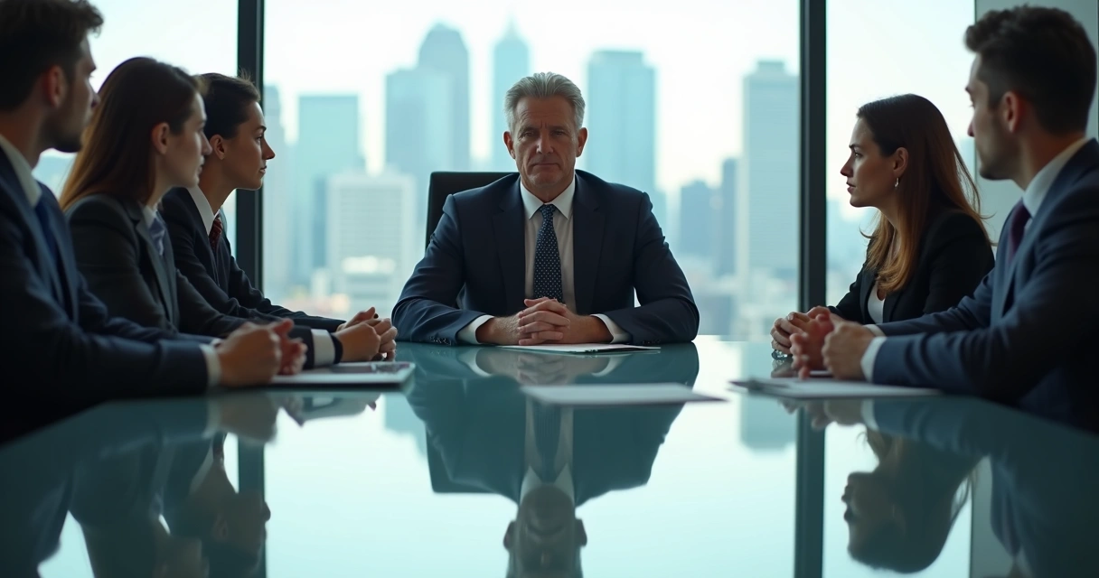 Líder sentado à mesa com expressão fechada em reunião com equipe, ambiente corporativo moderno