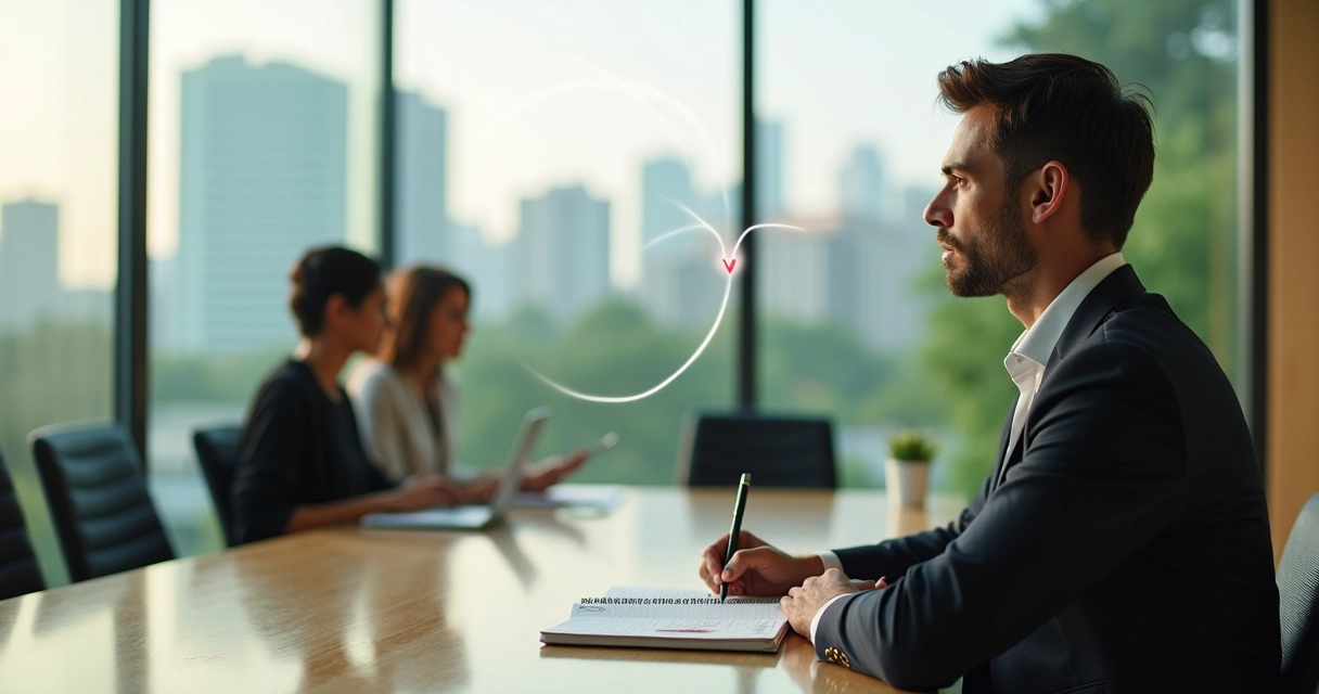 Líder sentado em mesa de reunião com cidade verde ao fundo refletindo sobre emoções 