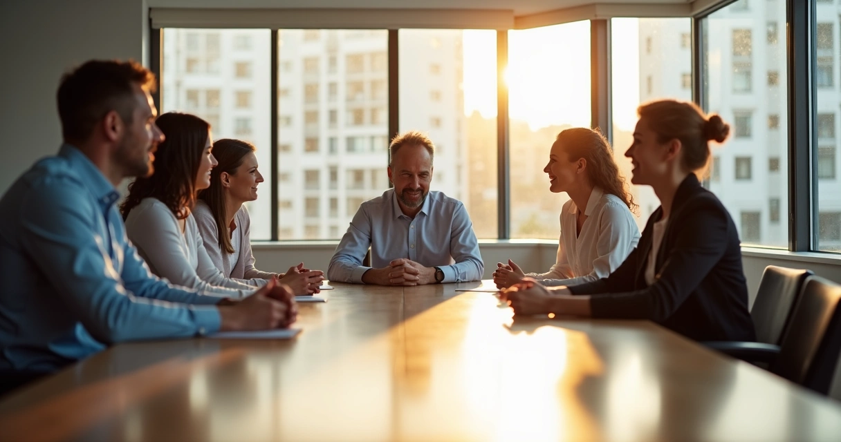 Líder reunido com equipe em sala, clima de confiança 