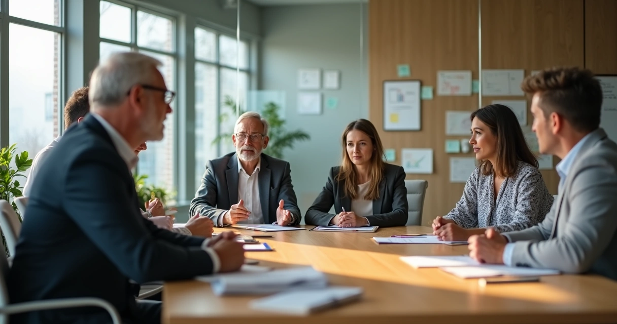 Líder em reunião ouvindo atentamente equipe diversa em sala de escritório moderna 