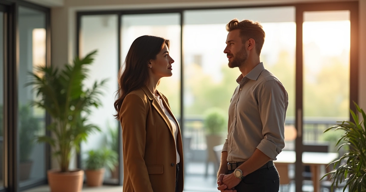 Líder ouvindo um colaborador, ambos em pé, em um escritório iluminado e acolhedor 