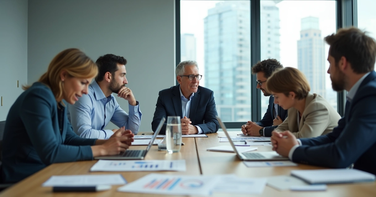 Líder em sala de reunião mantendo calma enquanto equipe demonstra emoções diferentes 