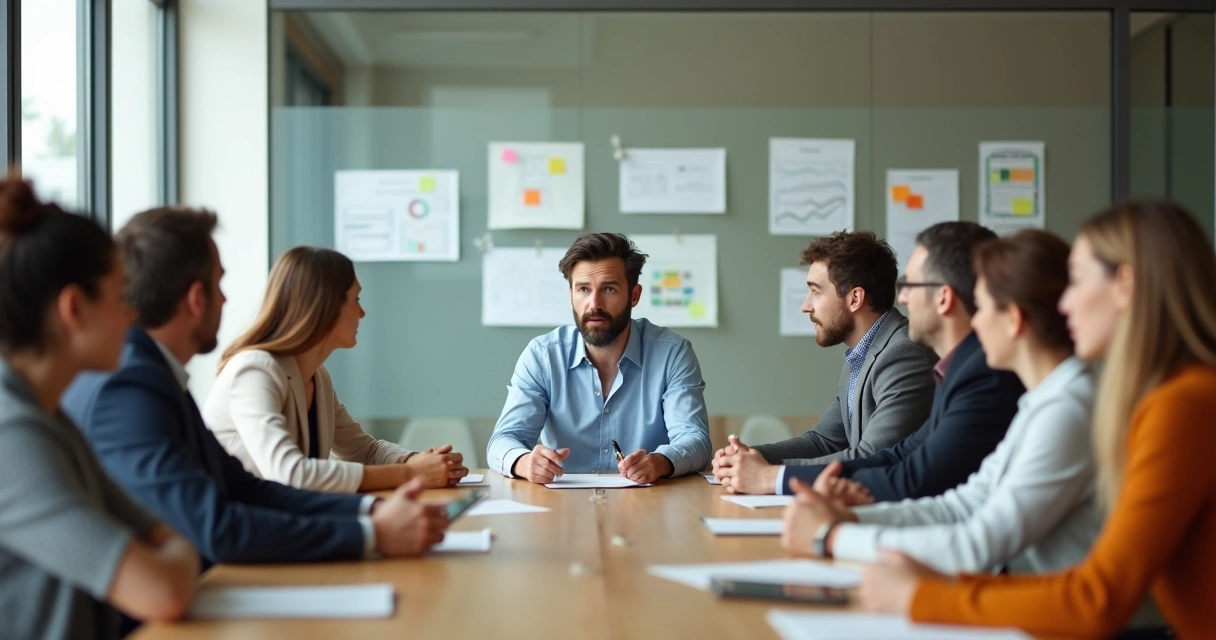 Líder em reunião com equipe mostrando equilíbrio emocional em ambiente corporativo moderno 